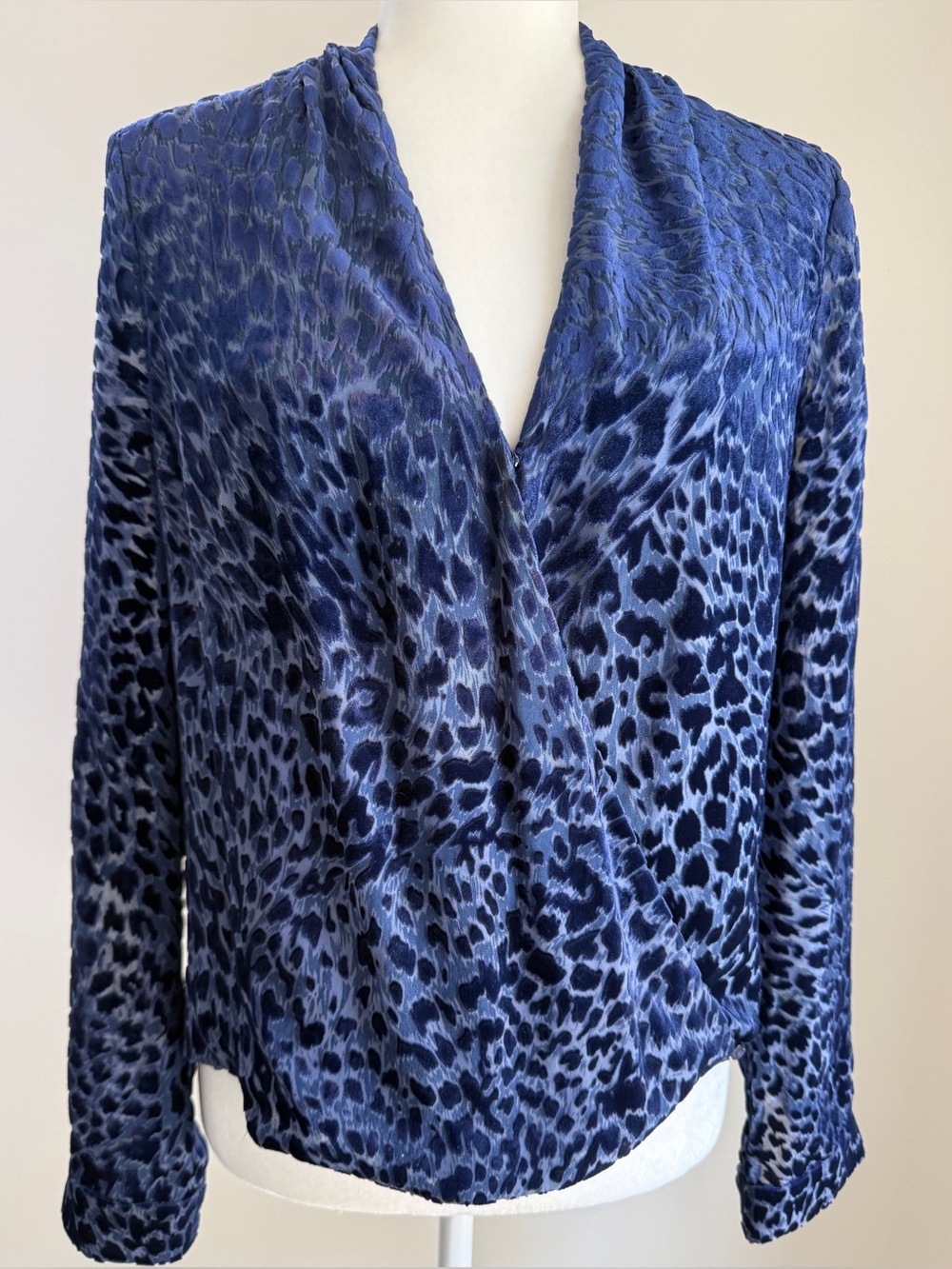 L'AGENCE Lydia Drape Front Blouse - Navy Leopard Velvet Burnout - Size Small